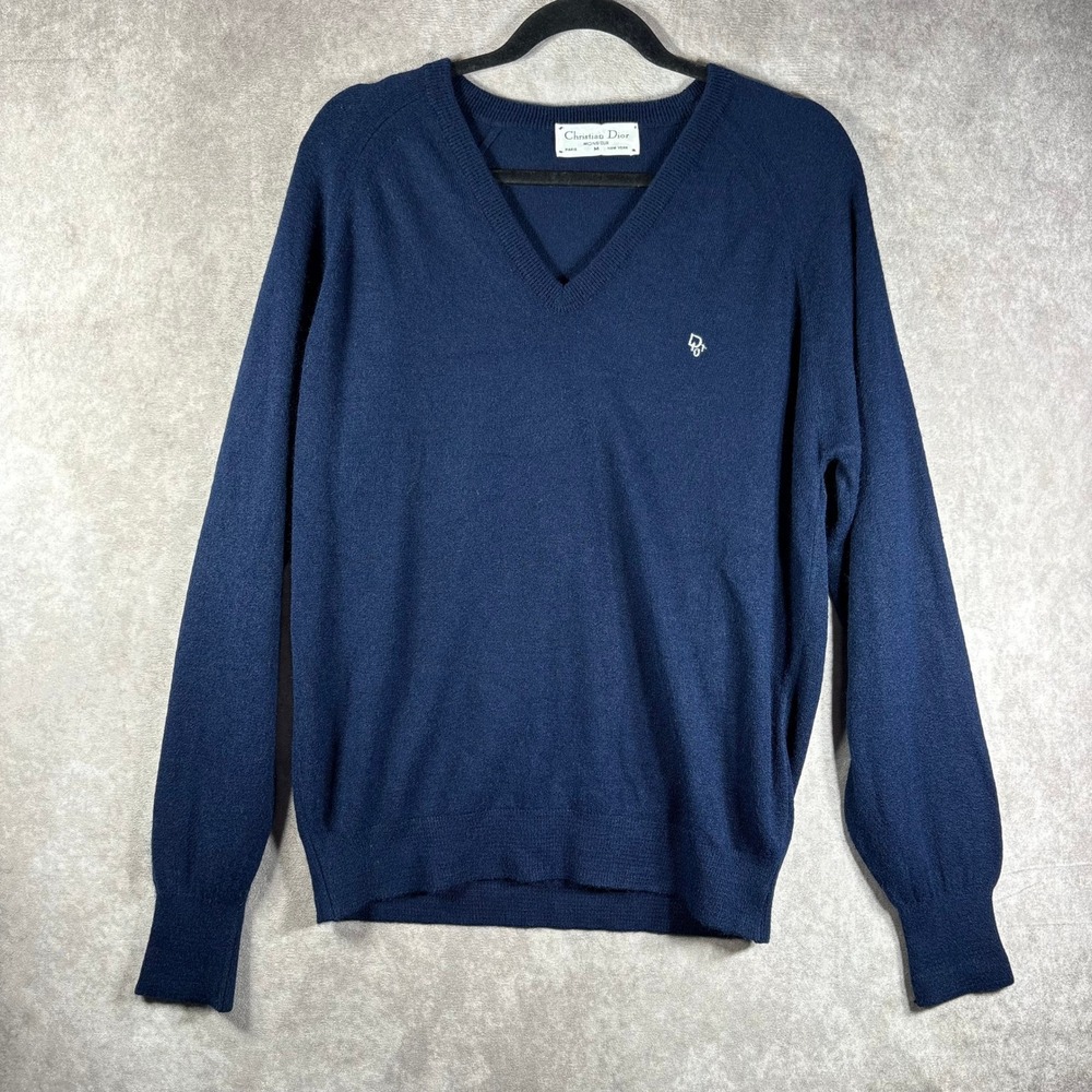 Vintage Christian Dior Monsieur Logo-Embroidered V-Neck Sweater Navy Size Medium